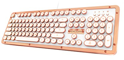 Azio MK-RETRO-L-02-US Retro Classic Posh - USB Luxury Vintage Back lit Mechanical Keyboard (Blue Switch, White Leather, Zinc Alloy Frame) - White/Copper