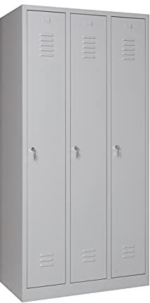 furni24 Garderobenschrank 90x50x180cm Garderobenspind Umkleidespind Spind Schrank Kleiderschrank Abschließbar grau 3-türig 30cm Abteilbreite fertig montiert Verschiedene Ausführungen verfügbar