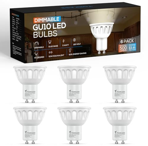 Torkase GU10 LED Bulb, Dimmable MR16 2700K Warm White, 120V 500LM Track Light 5W 50W Equivalent, 90% Energy Saving, 40 Degree, Replacement for Recessed Lighting, 6 Pack