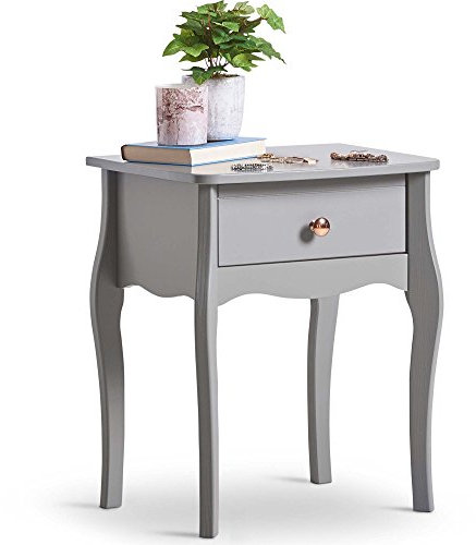 BTFY Grey Bedside Table – Baroque Nightstand – 1 Drawer Bedside Cabinet - Vintage Style Cabinet Storage Drawer w/Rose Gold Handle & Curved Legs – Compact Side Table for Bedroom & Living Room - Grace