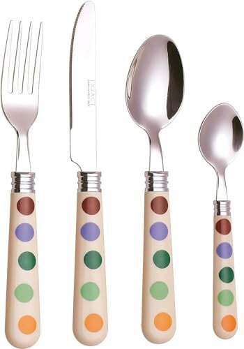 EXZACT Cubiertos de Lunares/Cubertería 24 Piezas en Acero Inoxidable/Polka Dots/Cubiertos con Asas de Color - Cuchillo De Mesa x6, Tenedores x6, Cucharas De Mesa x6, Cucharitas x6