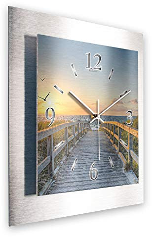 Kreative Feder 3D Designer-Wanduhr aus gebürstetem Aluminium leise Wanduhr ohne Ticken quadratisch 40x40cm (Weg zum Meer, leises Funkuhrwerk)
