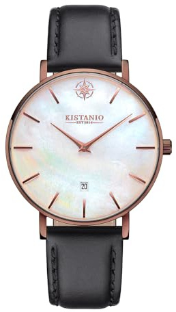 Kistanio Moyen Flache Damenuhr mit Lederband Saphirglas 38 MM Durchmesser Edelstahl Datum Verschiedene Variationen