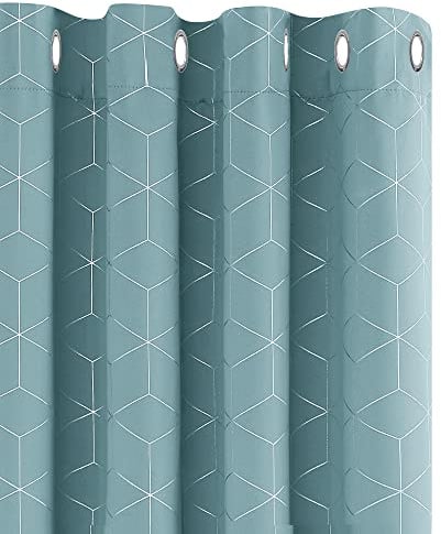 Deconovo Blackout Curtains, Eyelet Curtains, Diamond Foil Printed Energy Saving Curtains for Bedroom, 52 x 90 Inch(Width x Length), Sky Blue, One Pair