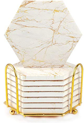 Lot de 8 dessous de verre en marbre absorbant avec base en liège pour table en bois avec support en métal, décoration d'intérieur rustique pour salon, bar, cadeau de pendaison de crémaillère de 10,2