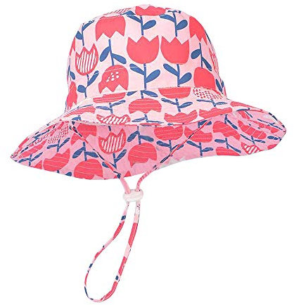 LACOFIA Baby Sonnenhut Kleinkind Mädchen Sommer Mütze Kinder Sonnenschutz Breiter Krempe Strand Cap mit Verstellbarem Kinnriemen Pinke Blumen 6-12 Monate