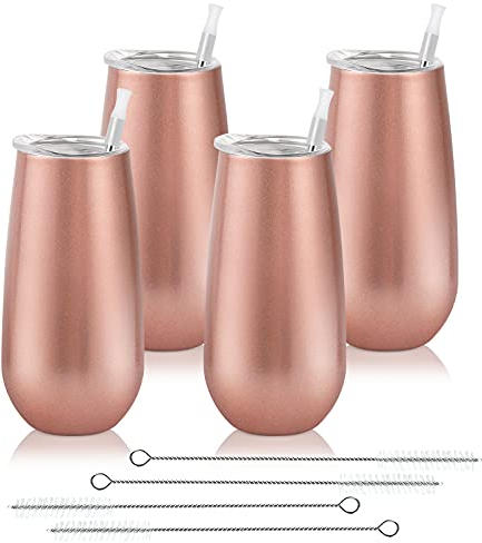 4 Pack Stemless Tumbler, Insulated Champagne Glass 6 Oz Reusable Toasting Glasses with Lid, Stemless Flute Wine Tumbler (Rose Gold)