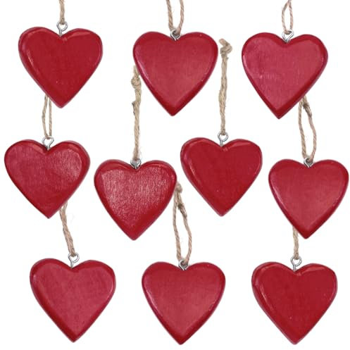 10x Holz Anhänger Herz mit Juteband ca. 4,5 x 5cm, Dekohänger, Flache Holzherzen zum Hängen (Rot)