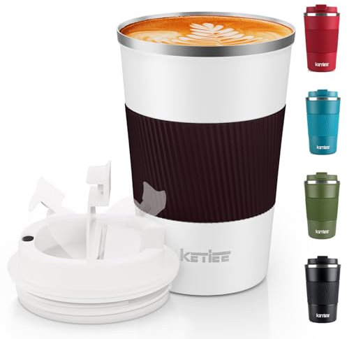 KETIEE Kaffeebecher to go,380ml Thermobecher Kaffee-to-go,Kaffeebecher Thermo,Doppelwandig Reisebecher Travel Mug,Vakuum Isolierbecher mit auslaufsicherem Deckel für Kaffee und Tee,Weiß
