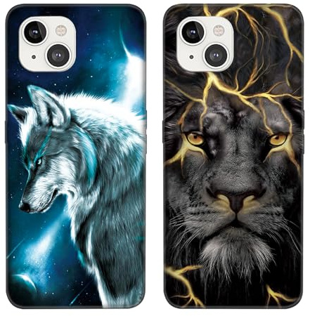 DiaryTown 2 Pack Hülle für iPhone 13 Liquid Silikon Handyhülle mit Motiv Schutzhülle Ultra Dünn TPU Bumper Rundumschutz Schwarz Case für Cover iPhone 13 - Wolf & Goldener Löwe