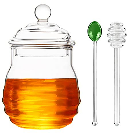 Ivolador Honey Jar with Dipper and Lid Glass Honey Pot Container Dispenser for Home Kitchen Store Honey and Syrup