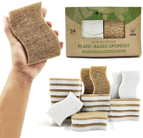 AIRNEX - Esponja de cocina natural biodegradable -Esponja compostable de celulosa y fibra de coco, paquete de 24 esponjas respetuosas con el medio ambiente para vajilla