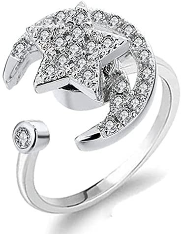 DYD Angst Ring für Frauen, Rotierender Mond Stern Zirkonia Ring, Meditation, Stressabbau Ringe, Antistress Spinner Ringe, Offene Stapelringe