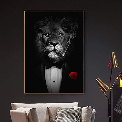 ZSDWGL Toile Peinture Art Noir Mauvais Lion Un Costume Affiches Abstrait Lion Fumer Un Cigare peintures Murale Art Tableau Decoration à la Maison 40x60cm x1 sans Cadre
