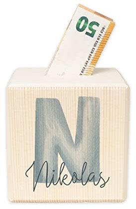 Personalisierte Kinder Spardose mit Namen aus Holz Geschenk Geschenkideen zum Geburtstag zur Einschulung, Taufe, Geburt Sparschwein Motiv Buchstabe für Jungen und Mädchen hellomini (blau)