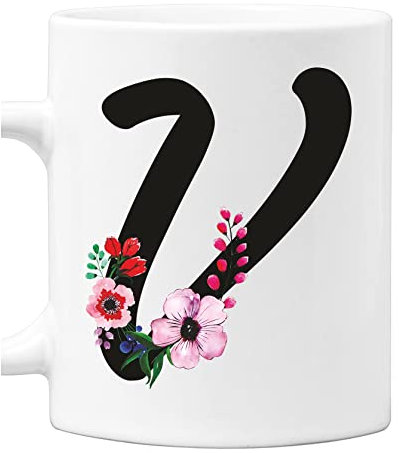 Mug with Floral Initial - Letter V - 100% Ceramic