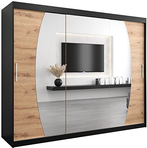 MEBLE KRYSPOL Elypse 250 Schlafzimmerschrank mit DREI Schiebetüren, Spiegel, Kleiderstange und Regalen – 250x200x62cm - Mattschwarz + Artisan