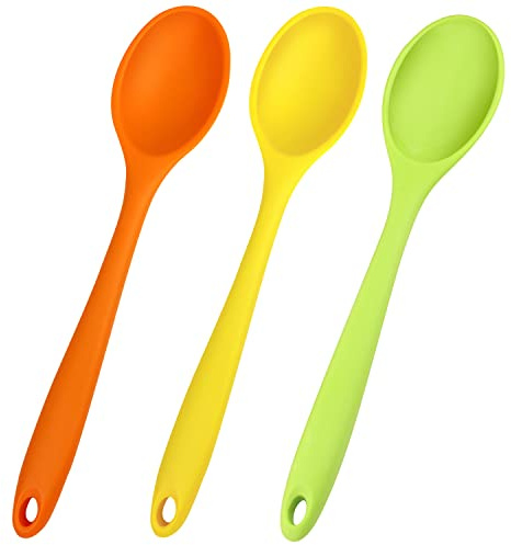 Paquete de 3 cucharas de silicona antiadherentes resistentes al calor de silicona para mezclar cucharas grandes para hornear para agitar y girar servir - verde, amarillo, naranja