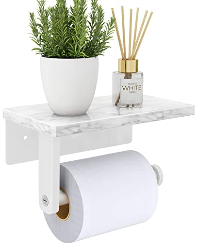 Gypie Porte-papier toilette avec étagère en marbre naturel, vis en acier inoxydable 304, support mural pour rouleau de papier de soie pour salle de bain, salle de bain, toilettes - Blanc