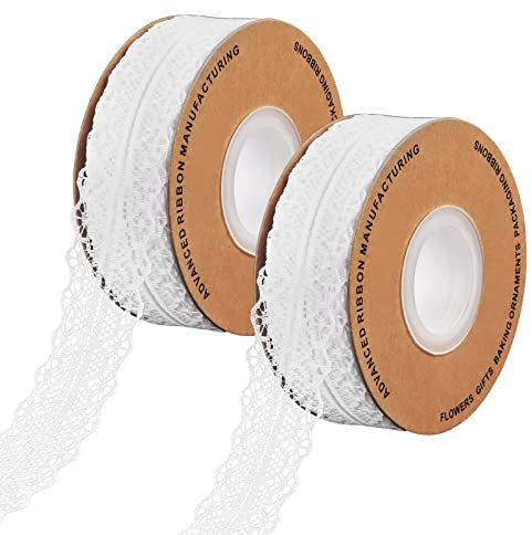 Spitzenband Weiß Vintage 2 Rolls, RUNEAY 45 Meter Spitzenband Weiss Vintage Spitzenbordüre zum Nähen für Hochzeit Tischdeko Basteln Geschenkband Kraftpapier (3CM Weiß)