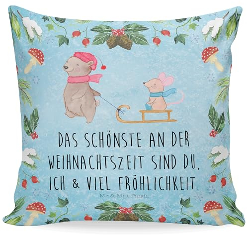 Mr. & Mrs. Panda Sitzkissen Bär und Maus Schlitten - Geschenk, sofakissen, Wintermotiv, Advent, Motivkissen, Sofakissen, Dekokissen Sofa, Winter,