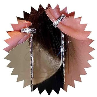 TseenYi Cz Ear Cuff Cadena Pendiente Aretes colgantes con barra de plata Pendiente de cadena larga con borla Pendientes con clip de cristal brillante Pendientes envolventes Joyas para Mujeres Niñas
