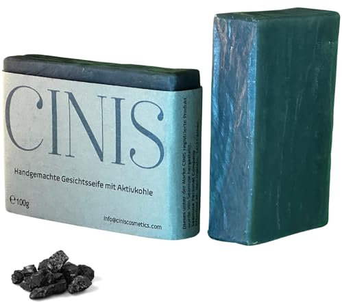 CINIS Aktivkohle Gesichtsseife 100 g – Handgemachte Naturseife, vegan & palmölfrei, porentiefe Reinigung bei fettiger und unreiner Haut, Anti-Akne Seife mit Tonerde & Bio-Ölen – Geschenkidee