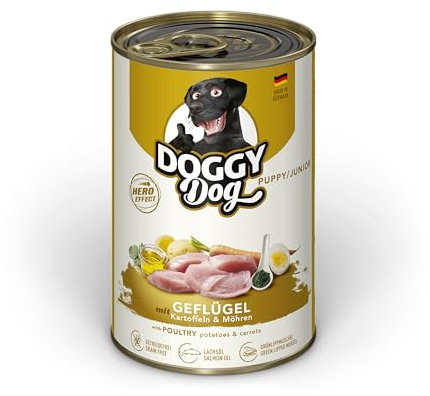DOGGY Dog Paté Geflügel Puppy/Junior, 6 x 400 g, Nassfutter für junge Hunde, getreidefreies Welpenfutter mit Lachsöl und Grünlippmuschel, Hundefutter mit Kartoffeln und Möhre, Made in Germany