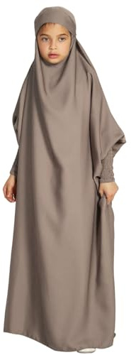 IWEMEK One Piece Full Length Jilbab Prayer Abaya for Girls Muslim Dress Satin Hooded Kaftan Hijab Batwing Long Sleeve Loose Fit Full Length Middle Eastern Islamic Arabic Robe Tan 11-12 Years