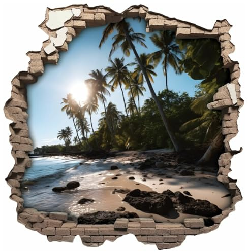 Samunshi® Wandaufkleber Mauerloch Wandriss mit Traum Strand im Paradies Wandsticker Fenster in andere Welt Portal für Kinderzimmer Aufkleber Küche Wallart 70 x 70cm