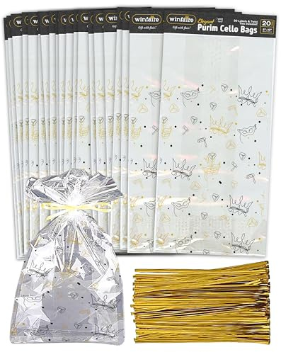 Winfaire Purim Bags Purim-Zellophantüten, Purim-Geschenktüten, 12,7 x 25,4 cm, Purim-Zellophantüten mit Happy Purim-Etiketten, Purim-Zellophantüten, Königskronen-Design, 20 Stück