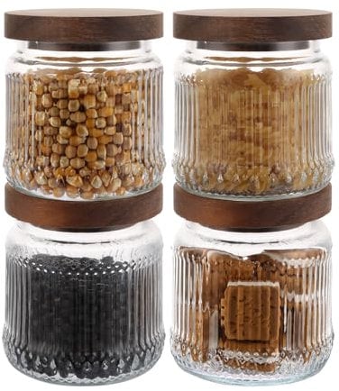 AHAQU 4PCS Glass Jar with Wooden Lid, 500ml/17oz Airtight Food Storage Jars, Clear Kitchen Storage Jars for Tea, Coffee, Sugar, Beans, Cereal