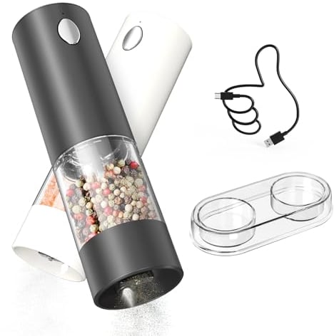 CIRCLE JOY Juego de Molinillos de Pimienta Eléctricos Recargables Molinillos de Especias con Base, Recipiente Transparente Lavable de 95ml, Luz LED Blanca y Aspereza Ajustable, Negro Blanco