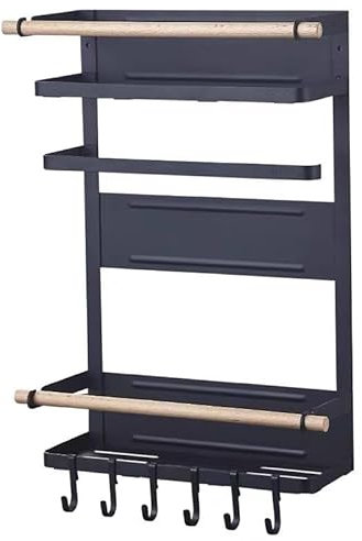 Mensola Cucina Magnetica per Frigorifero, Portaspezie da Parete, Porta Utensili da Cucina, Mensole da Muro senza Foratura, Portaspezie Salvaspazio con Barra Porta Rotolo. (Nero, 13x 34 x 46,4 CM)