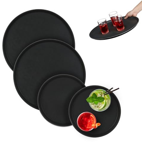 Relaxdays Serviertablett 4er Set, rutschfeste Oberfläche, rundes Kellnertablett, Tablett Gastronomie, 2 Größen, schwarz