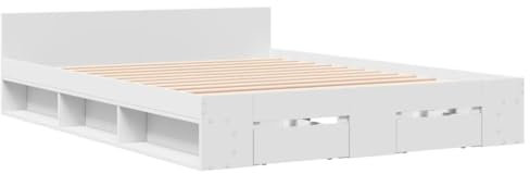vidaXL Engineered Wood Bed Frame with Drawers - White, 120x190 cm, Modern Small Double Bedroom Furniture with Plywood Slats & Storage