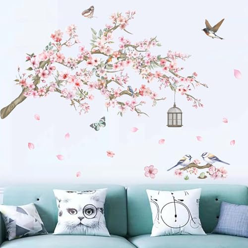 Cherry Blossom Wall Stickers for Bedroom: Peel and Stick Flower Bird Floral Pink Tree Branch Wall Decals - Living Room Office Bathroom