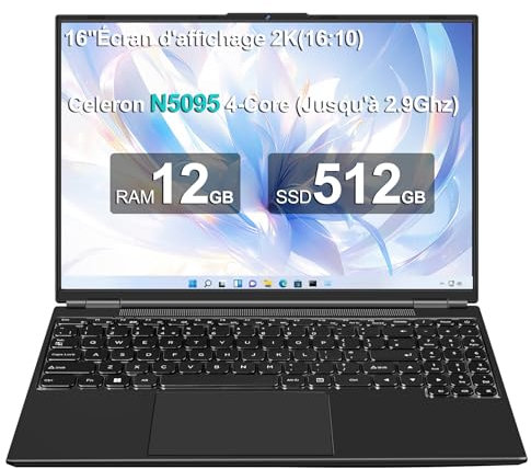 NOTODD Ordinateur Portable 16 Pouces, 4 cœurs Celeron N5095 (jusqu'à 2,9 GHz) 12+512GB SSD Soutien Extension 1TB,PC Portable Gamer Win11 avec 5G WiFi 1920x1200 BT4.2 AZERTY Clavier Couverture-Noir