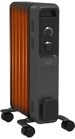 HOMCOM 1500W Oil Filled Radiator, 7 Fin, Portable Electric Heater with 3 Heat Settings, Safety Cut-Off and Wheels, Grey