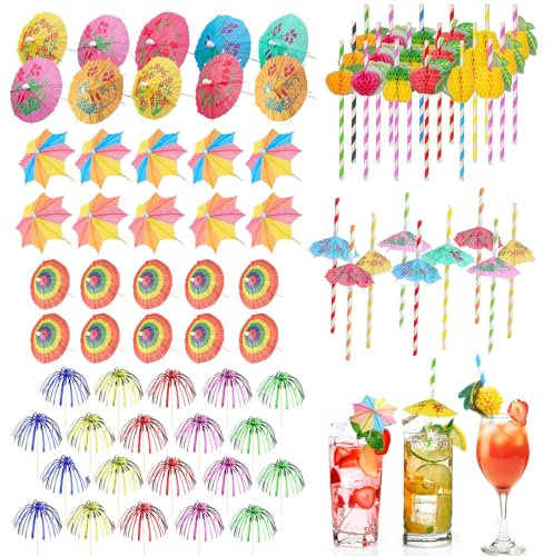 RAFIYU 90 Pièces Décorations de Cocktail, Papier Cocktail Parapluies, Parasol Cocktail Paille, Bâtons de Feu D'artifice, Réutilisables pour Fête de Mariage Bar Boissons Fruits Desserts Décorations
