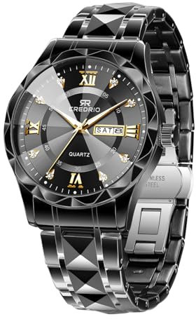 Montre pour homme Diamond Business Dress analogique à quartz en acier inoxydable étanche Date lumineuse deux tons Montre de luxe décontractée, Noir