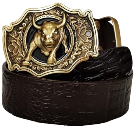 AGUTALITHIC Gürtel Herren Echt Leder Krokodil Muster Riemen, Männer Ledergürtel Mit Golden Snap on Longhorn, Stier-Schnalle, Blumenprägung, Cowboy-Gürtel 3.8cm Breit(110cm/43, Coffee)