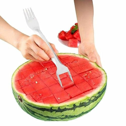CHEFZOCO Cortador y Tenedor de Sandía, tenedor de sandía, cortador de frutas, herramienta de corte de sandía, Herramienta de Corte, Utensilio de cocina, Longitud 25 cm, 2 en 1, Acero inoxidable