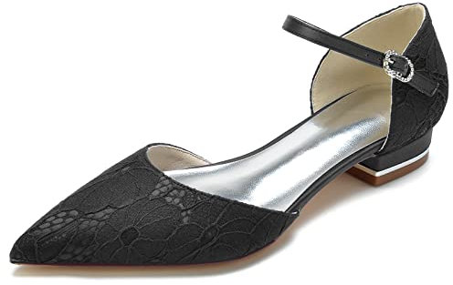 Chaussures De Mariage Mariée Dentelle Femmes Bride Cheville Ballerines Fermé Toe Bout Pointu Demoiselle d'honneur Plates 2.5Cm,Noir,41 EU