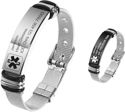MeMeDIY Personalisierte Medizinische Alarm Armbänder für Frauen/Männer Verstellbare Silikon Wasserdichtes Armband/Armbänder aus Edelstahl mit Eingraviertem Medizinische ID Alert Info Style-E1