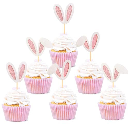 ENLACE Hasenohren Tortendeko Ostern,12 Stück Hase Cupcake Topper Ostern,Glitzer Kuchen Deko Ostern,Hase Tortendeko Geburtstag,Muffin Deko Ostern,Hase Cupcake Deko für Ostern Babyparty Häschenparty