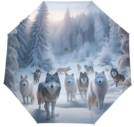 GAIREG Winter Snow Trees Wolves Travel Umbrella for Rain Small Compact Portable Folding Auto Open Umbrellas