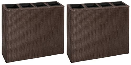 Homgoday Jardinera Alta con 4 macetas 2 uds ratán sintético marrón Jardinera Exterior para Terraza Jardín Madera Jardinera Exterior Interior