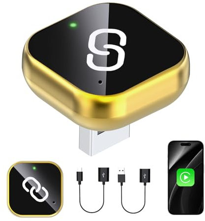 Adaptador inalámbrico CarPlay para CarPlay y Android Auto, edición Mini, actualización 2025 de cableado a inalámbrico, Plug and Play para iOS 10+ Android 11+ (Dorado)