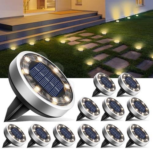 btfarm 12 Stück Solar Bodenleuchten Aussen, 8 LED Gartenbeleuchtung Solar IP65 Wasserdicht Boden Solarleuchten, Solarlampen für Außen Garten Rasen Auffahrt Gehweg Patio, Warmes Weiß